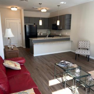 A modern apartment with an open layout showcasing a living room and kitchen area.