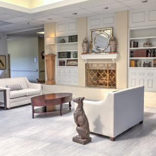 A modern living room showcasing elegant furniture and a cozy fireplace.