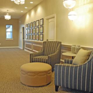 A modern lobby with comfortable seating and stylish decor.