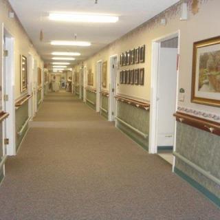 A long, carpeted hallway with doors on either side and paintings on the walls.