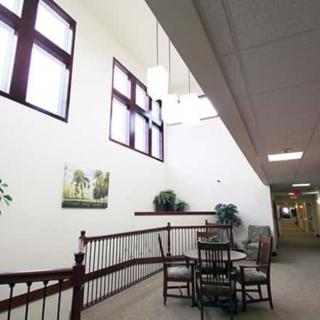 A bright corridor with furniture, plants, and large windows.
