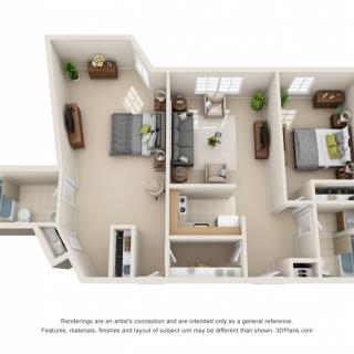 A 3D floor plan of an apartment showing a detailed layout with bedrooms, a living room, and a kitchen.
