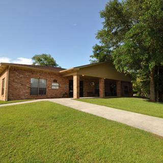 A brick house with a well-maintained lawn and surrounding trees under a clear blue sky.