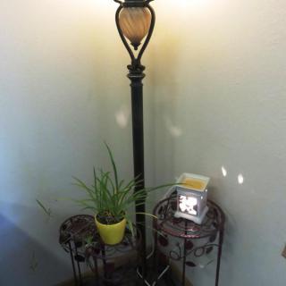 A decorative lamp next to a small table with a potted plant and a clock.