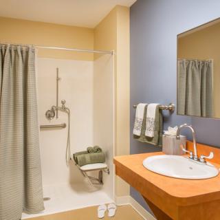 A modern bathroom with a shower, sink, and mirror.