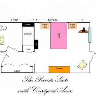 Floor plan of a private suite with courtyard access, featuring a bedroom, bathroom, and various furniture arrangements.