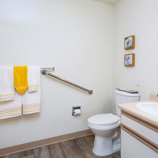 A clean and minimalistic bathroom featuring a toilet, sink, and a handrail for support.