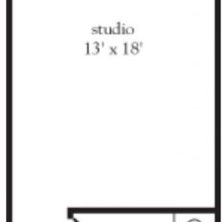 A minimal floor plan of a studio measuring 13 by 18 feet.