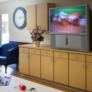 A living room setting with a television on a cabinet, displaying a blurry image. A vase of flowers and a large wall clock are also visible.