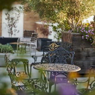 A tranquil garden setting with ornate iron furniture surrounded by lush plants.