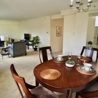 A spacious open-plan dining and living area featuring elegant furniture and decor.
