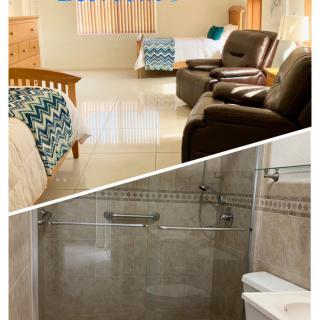 A cozy bedroom and living area followed by a modern bathroom.