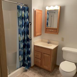 A bathroom with a shower, sink, and toilet equipped with a blue patterned shower curtain.