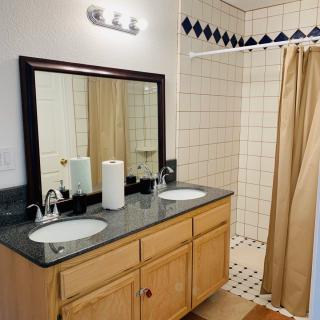 A bathroom with a double-sink vanity and a shower area with a curtain.
