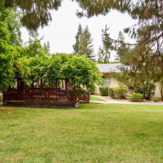 A peaceful garden scene with a house surrounded by trees and a lush green lawn.