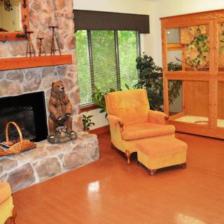 A cozy living room with a stone fireplace, orange armchair, and wooden floors.