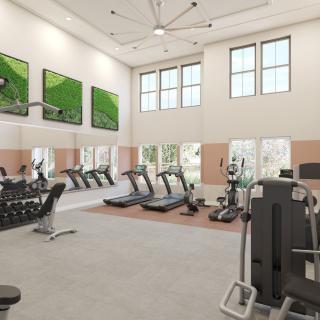 A spacious and modern gym equipped with treadmills, elliptical machines, and a weightlifting area.