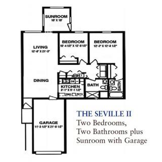 Floor plan of The Seville II: Two bedrooms, two bathrooms, sunroom with garage.