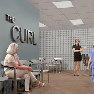 A modern salon waiting area with people seated and standing.