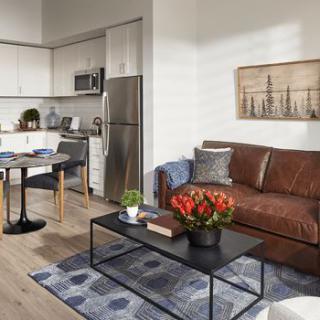 A modern apartment interior featuring a cozy living room with a leather sofa and a compact kitchen area.