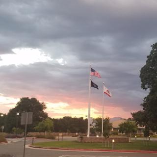 A serene sunset backdrop featuring flags gently waving in a park.