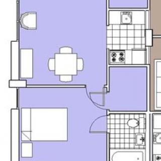 A floor plan of an apartment showing a bedroom, bathroom, kitchen, and dining area.