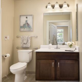 A well-lit bathroom featuring a toilet, sink with a wooden cabinet, large mirror, and decorative artwork on the wall.