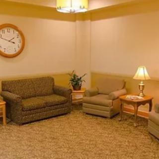 A cozy living room with sofas, a chair, a lamp, and a wall clock.