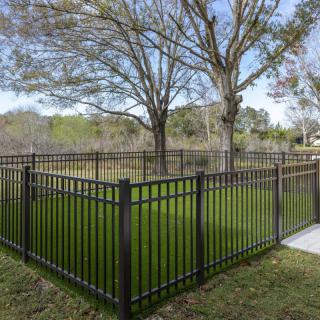 A metal fence encloses a section of grass with trees in the background.