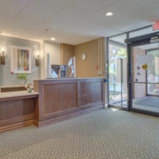 A welcoming office lobby with a reception desk and glass entrance doors.