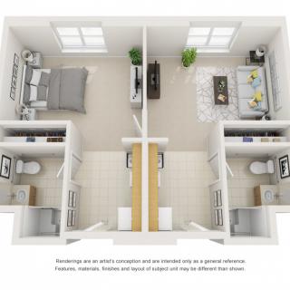 A detailed floor plan of a two-bedroom apartment showing separate living spaces with bedrooms, bathrooms, and a shared kitchen area.