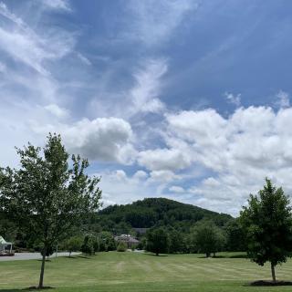 A scenic view of a grassy field with trees and a hill under a partly cloudy sky.