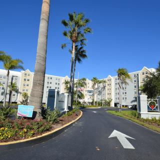 Entrance to a hotel with palm trees and clear blue sky.