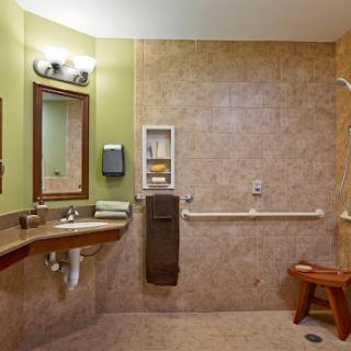 A spacious and accessible bathroom featuring modern fixtures and a comfortable seating area.