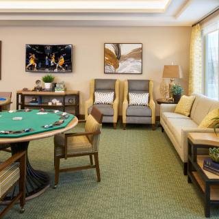 A cozy game room featuring a poker table, comfortable seating, a TV, and stylish decor.