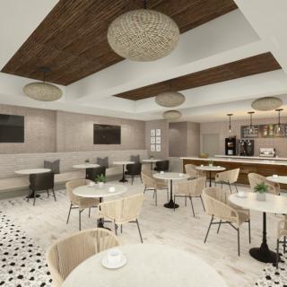 A modern restaurant interior featuring a dining area with tables and chairs, wooden ceiling accents, and a bar.