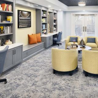 A modern living room interior with comfortable seating and built-in shelves.