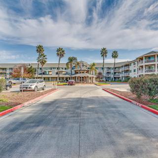 A building with palm trees, a parking lot, and a road leading to its entrance under a cloudy sky.