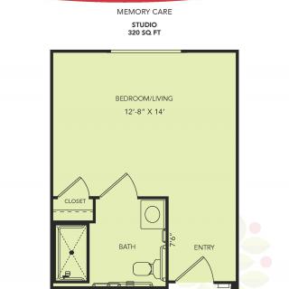 Studio floor plan for memory care with a living area and bathroom.