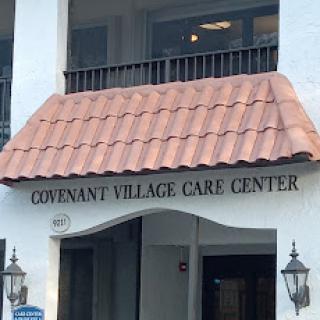 Entrance to the Covenant Village Care Center, showcasing its distinct architecture.