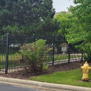 A view of a fenced area with a fire hydrant and surrounding greenery.