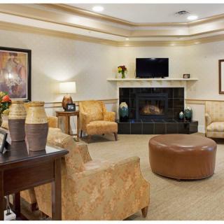 A cozy living room with a fireplace, comfortable seating, and elegant decor.