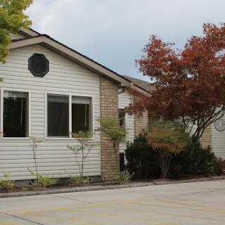 A charming residential house with a landscaped front and a tree showcasing autumn colors.