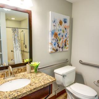 A modern bathroom with granite countertops, floral artwork, and a shower curtain.