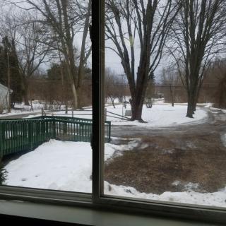 A snowy landscape viewed through a window, with bare trees and patches of snow on the ground.