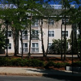 A residential building surrounded by trees and greenery.