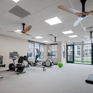 A spacious and modern gym area equipped with various exercise machines and ample natural light.