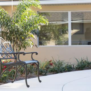 A tranquil patio area with a bench surrounded by lush greenery and sunlight.