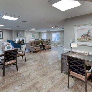 A modern office space with comfortable seating and work areas.