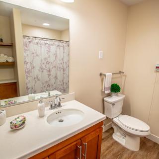 A clean and well-organized bathroom with a sink, toilet, and shower area.